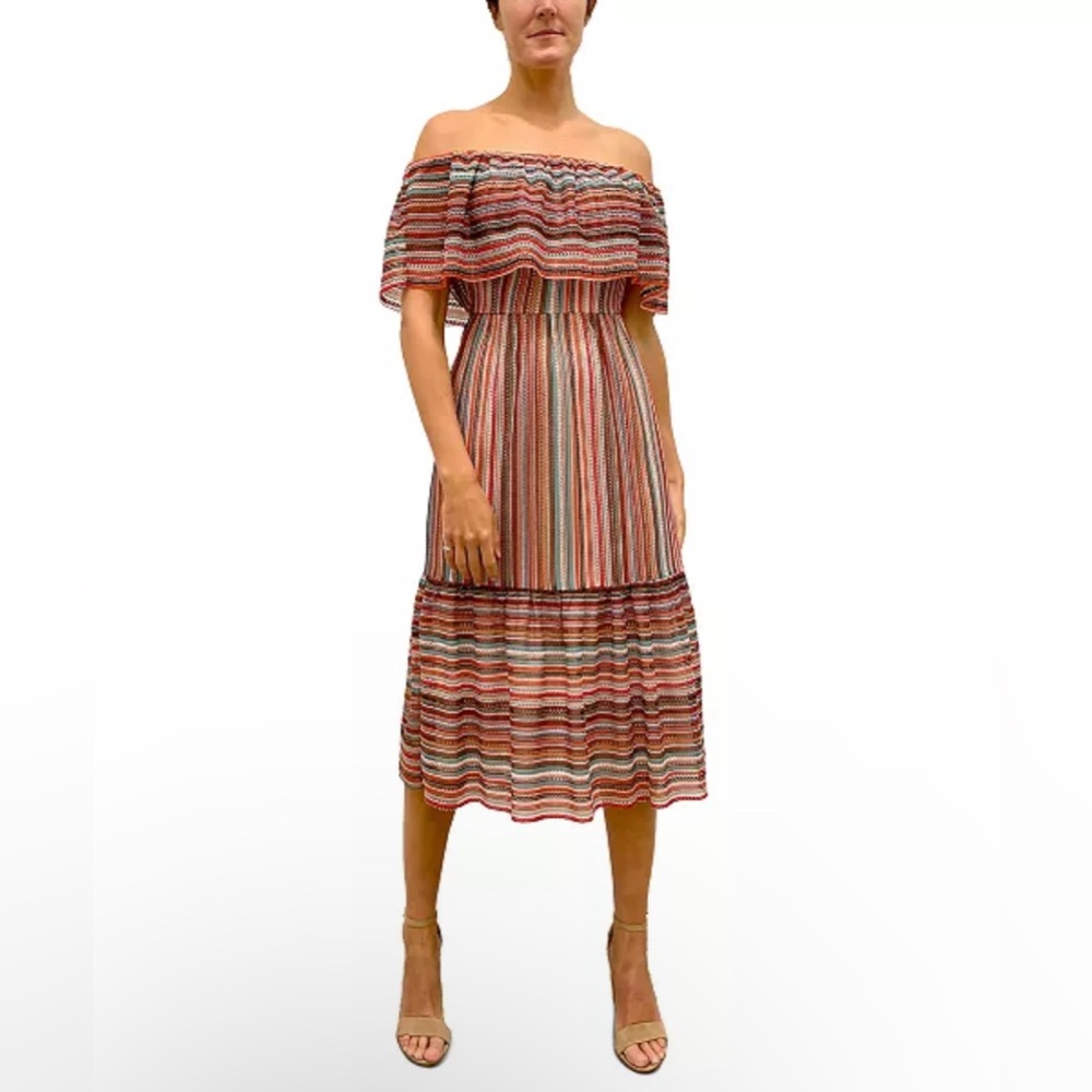 Sam Edelman dress crocheted multicolor stripe midi off-shoulder flounce 8